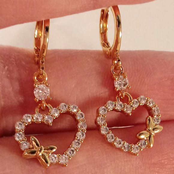 18K Yellow Gold Filled Earrings Heart Butterfly Diamond Zircon Dangle Earrings - Picture 2 of 4